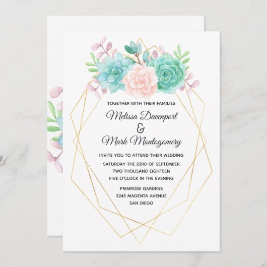 Moderne roze en groene Waterverf Succulents Weddin Kaart (Voorkant / Achterkant)