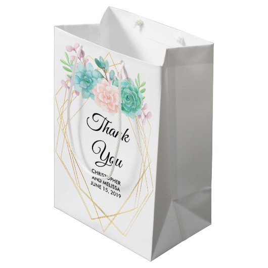 Moderne roze en groene Waterverf Succulents Weddin Medium Cadeauzakje (Voorkant Gekanteld)