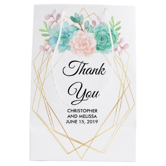 Moderne roze en groene Waterverf Succulents Weddin Medium Cadeauzakje (Achterkant)