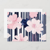 Moderne roze en marine bloemenstrepen briefkaart (Voorkant / Achterkant)