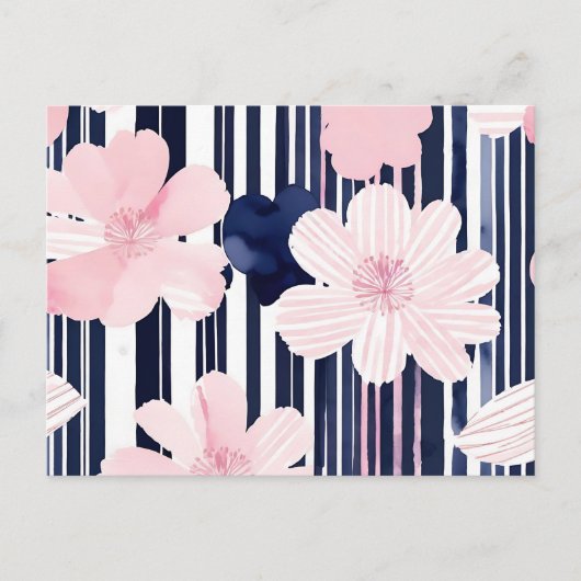 Moderne roze en marine bloemenstrepen briefkaart (Voorkant)