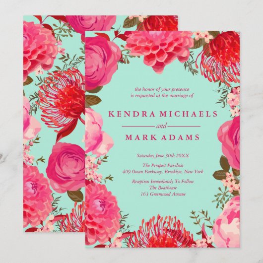 Moderne, Roze en Mint Floral Grote Invitaties Kaart (Voorkant / Achterkant)