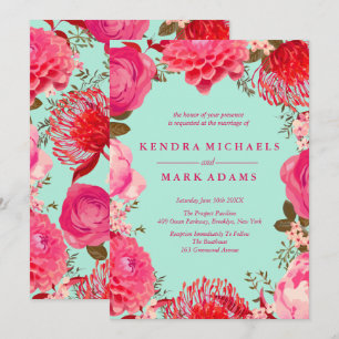 Moderne, Roze en Mint Floral Grote Invitaties Kaart