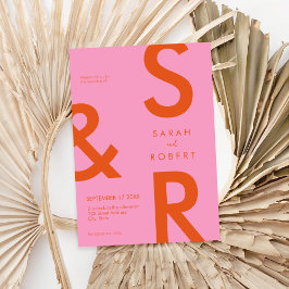 Moderne roze en Oranje monogram bruiloft Kaart