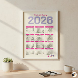 Moderne Roze en Paarse 2026 Jaarlijkse Gezinskalen