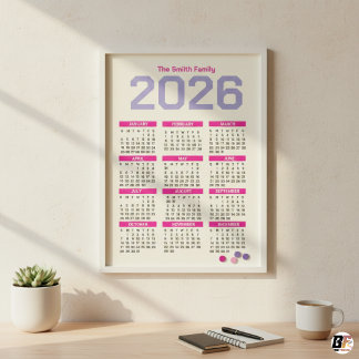Moderne Roze en Paarse 2026 Jaarlijkse Gezinskalen