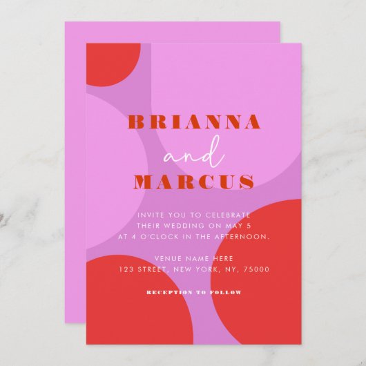 Moderne roze en rode Abstracte geometrische bruilo Kaart (Voorkant / Achterkant)