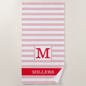 Moderne Roze En Rode Cabana Streep Monogram Strandlaken (Voorkant)