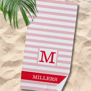 Moderne Roze En Rode Cabana Streep Monogram Strandlaken