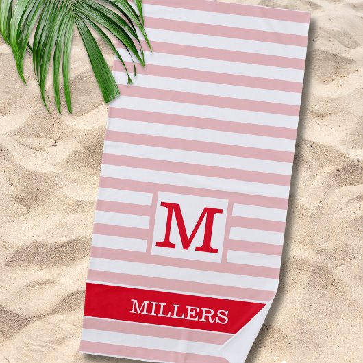 Moderne Roze En Rode Cabana Streep Monogram Strandlaken