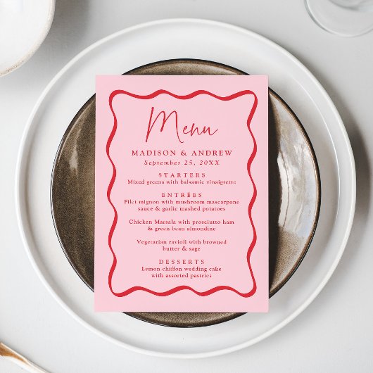 Moderne roze en rode golvende kaderhuwelijk menu