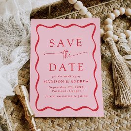 Moderne roze en rode golvende kaderhuwelijk save the date