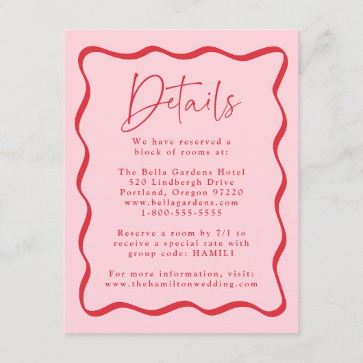 Moderne Roze en Rode Golvende Lijst Bruiloft Detai Informatiekaartje (Voorkant)
