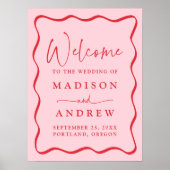 Moderne Roze en Rode Golvende Lijst Bruiloft Welko Poster (Voorkant)