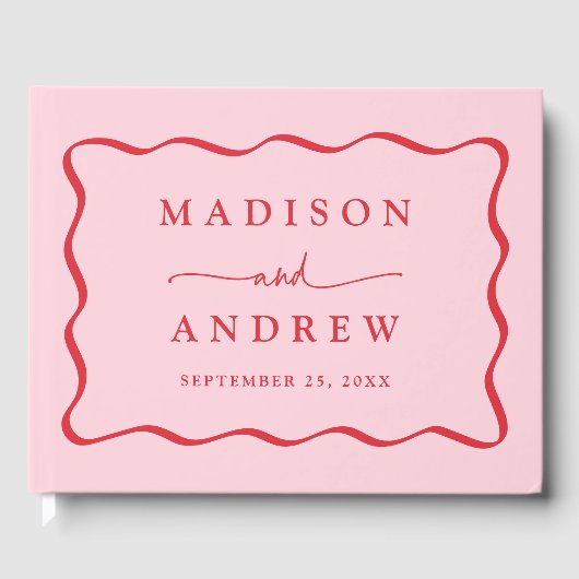 Moderne Roze en Rode Golvende Lijst Foto Bruiloft Gastenboek (Voorkant)