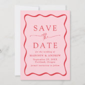 Moderne Roze en Rode Golvende Lijst Foto Bruiloft Save The Date (Voorkant)