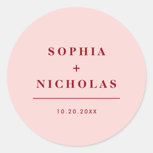 Moderne roze en rode minimaal elegante bruiloft ronde sticker (Voorkant)
