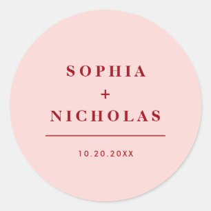 Moderne roze en rode minimaal elegante bruiloft ronde sticker