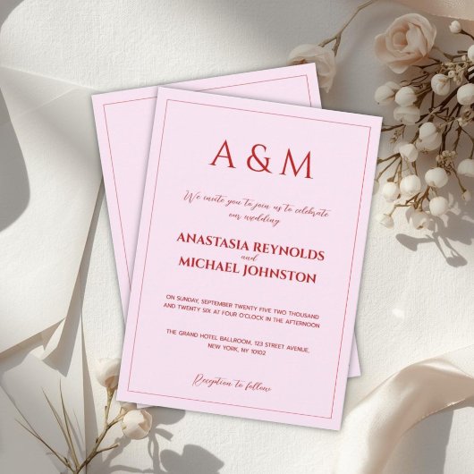 Moderne roze en rode minimalistische bruiloft kaart