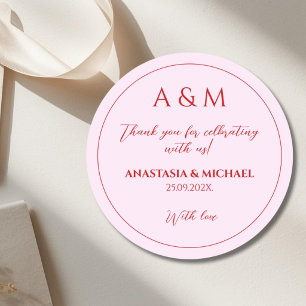 Moderne roze en rode minimalistische trouwdag ronde sticker