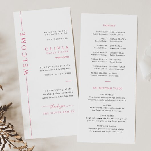 Moderne Roze en Witte Bat Mitzvah Programma Kaart