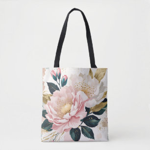 Moderne roze en witte bloemen groen en goud blad tote bag