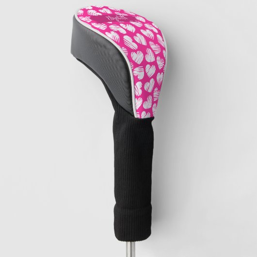 Moderne Roze en Witte Doodled Hart Valentijn Naam Golfheadcover (Schuin)