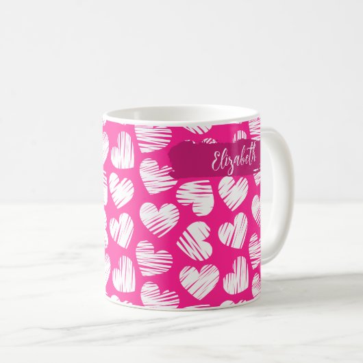 Moderne Roze en Witte Doodled Hart Valentijnsnaam Koffiemok (Voorkant rechts)
