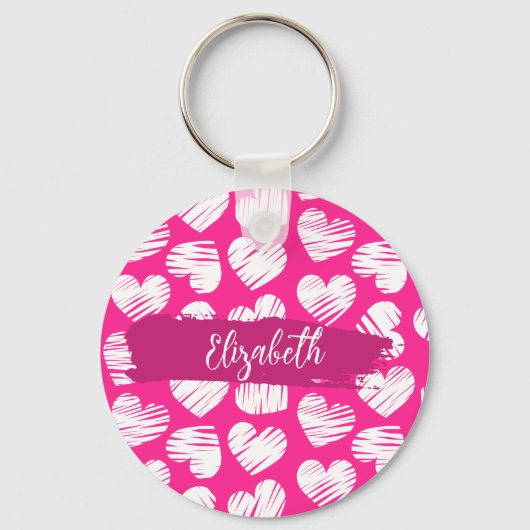 Moderne Roze en Witte Doodled Hart Valentijnsnaam Sleutelhanger (Achterkant)