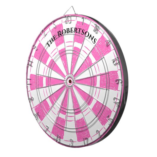 Moderne Roze en Witte Familienaam  Dartbord (Voorkant Rechts)