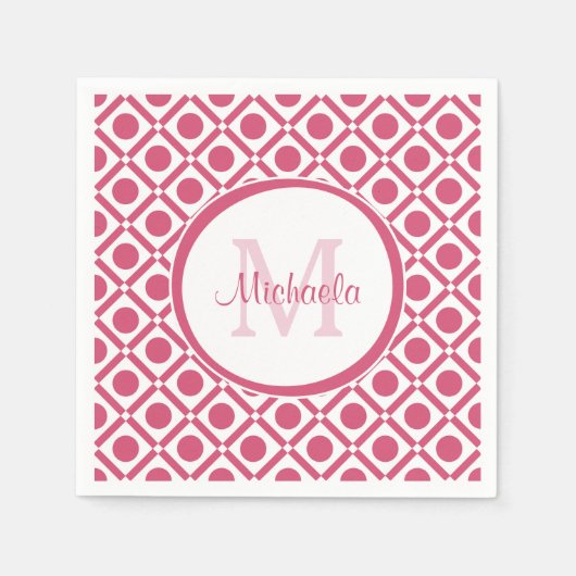 Moderne roze en witte geometrische monogram met na servetten (Voorkant)