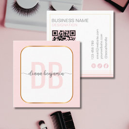 Moderne roze en witte gouden monogram QR-code Vierkante Visitekaartje