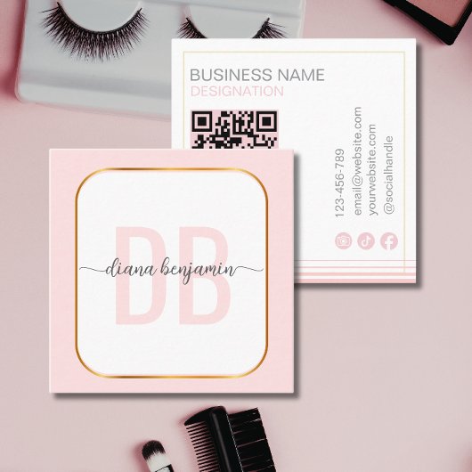 Moderne roze en witte gouden monogram QR-code Vierkante Visitekaartje