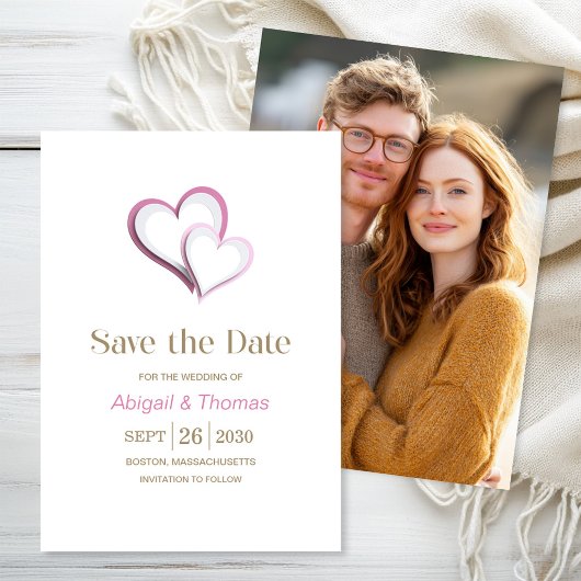 Moderne Roze en Witte Hartjes Bruiloft Save The Date