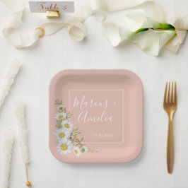 Moderne roze en witte madeliefjes bruiloft papieren bordje