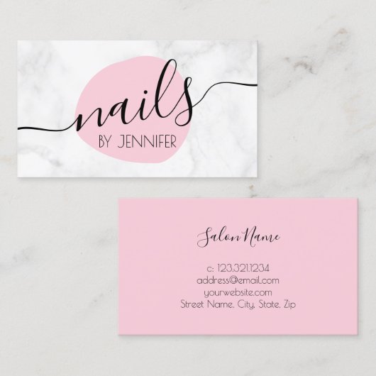 Moderne roze en witte marmernagels visitekaartje (Voorkant / Achterkant)
