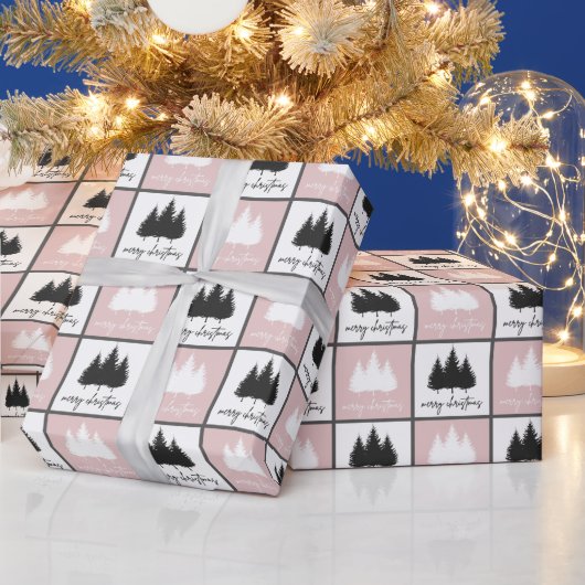 Moderne roze en witte prettige kerstpatronen cadeaupapier (Feestdagen)