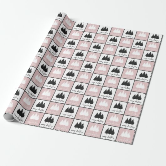 Moderne roze en witte prettige kerstpatronen cadeaupapier (Uitgerold)