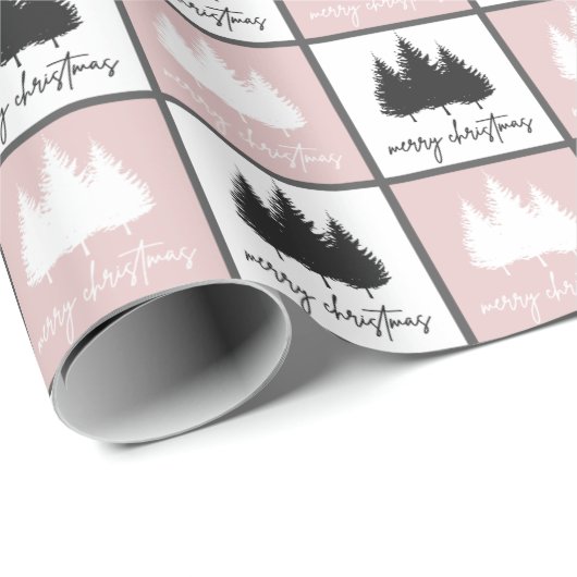 Moderne roze en witte prettige kerstpatronen cadeaupapier (Rol Hoek)