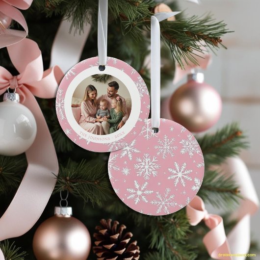 Moderne Roze en Witte Sneeuwvlokken Foto Keramisch Ornament
