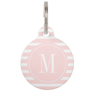 Moderne Roze en Witte Streep met Monogram Huisdierpenning