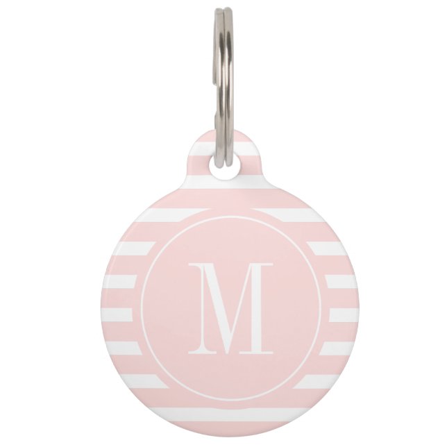 Moderne Roze en Witte Streep met Monogram Huisdierpenning (Voorkant)