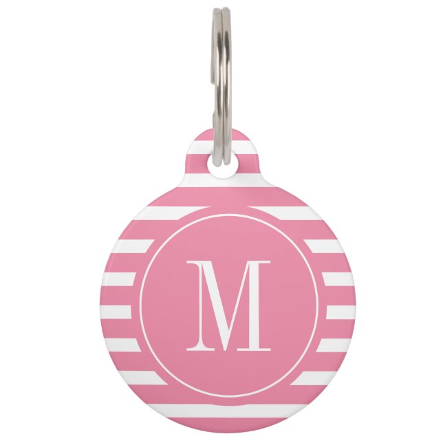 Moderne roze en witte streep met monogram huisdierpenning (Voorkant)
