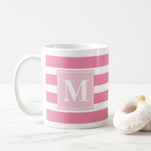 Moderne Roze en Witte Streep met Monogram Koffiemok