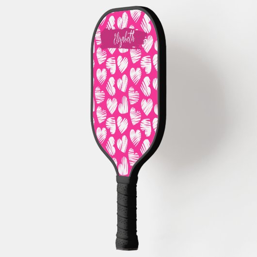 Moderne Roze en Witte Tekening Hart Valentijn Naam Pickleball Paddle (Links)