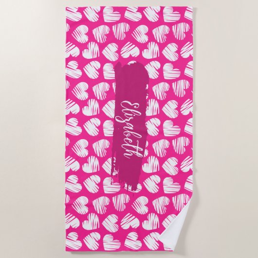Moderne Roze en Witte Tekening Hart Valentijn Naam Strandlaken (Voorkant)