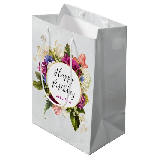 Moderne roze en witte Waterverf Floral Bouquet Medium Cadeauzakje (Voorkant Gekanteld)