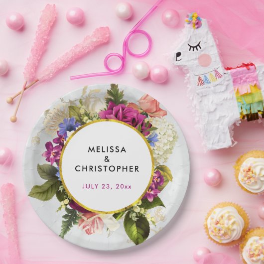 Moderne roze en witte Waterverf - Floral Wedding Papieren Bordje (Feest)