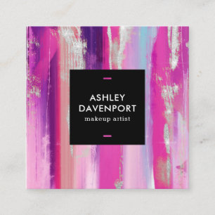 Moderne roze en zilverglitter penseelmake-up vierkante visitekaartje