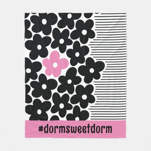 Moderne Roze en Zwarte Bloemen Dorm Kamer Fleece Deken (Voorkant)